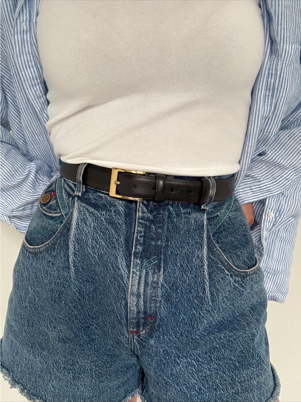 Vintage Black Leather Belt Square Gold Buckle